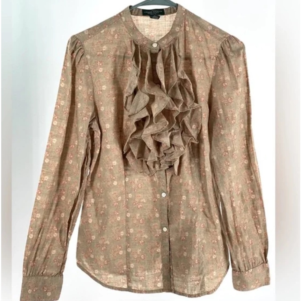 LRL LAUREN JEANS CO. Petite button up shirt ruffles PM beige floral